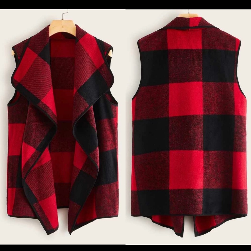 Buffalo plaid red black vest waterfall jacket - Picture 2 of 2
